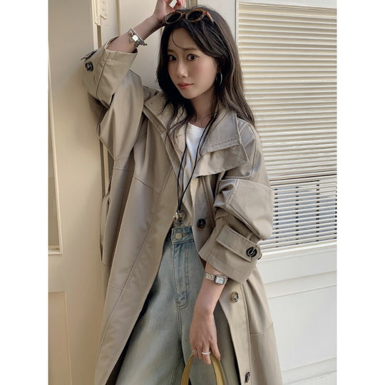 Damen Langer leichter Trenchcoat im Oversize-Stil mit geradem Schnitt und verdeckter Knopfleiste Nord Taschen