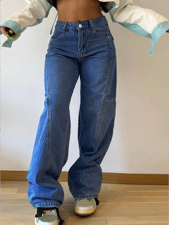Damen High-Waist weite Cargo-Denimhose mit Nahtpaneelen und Baggy-Silhouette Nord Taschen