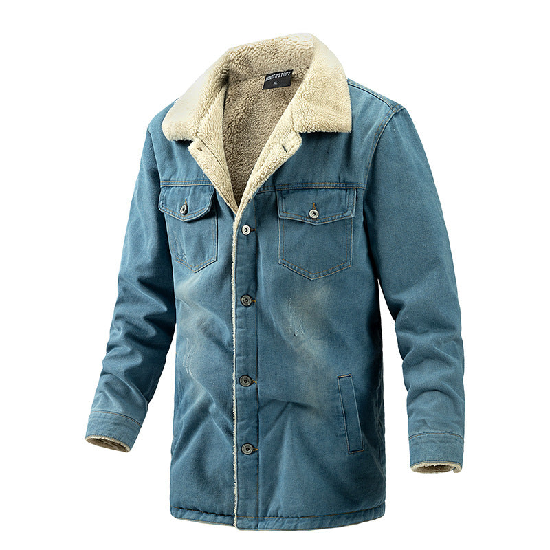 Herren Wattierte Denimjacke mit Sherpa-Futter und verlängertem Outdoor-Schnitt Nord Taschen