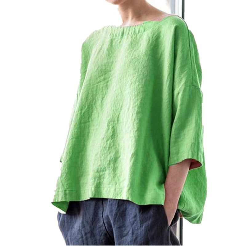 Damen Oversized Leinenbluse mit weitem Boxy‑Schnitt, U‑Boot‑Ausschnitt und 3/4‑Ärmeln Nord Taschen