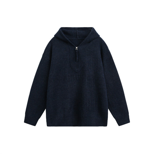 Unisex Grobgestrickter Kapuzenpullover mit halbem Reißverschluss und Boxy‑Schnitt Nord Taschen