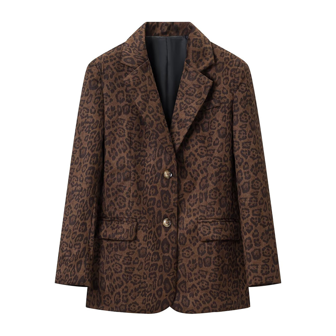 Damen Oversize-Blazer mit Leoprint, Reverskragen und Pattentaschen Nord Taschen
