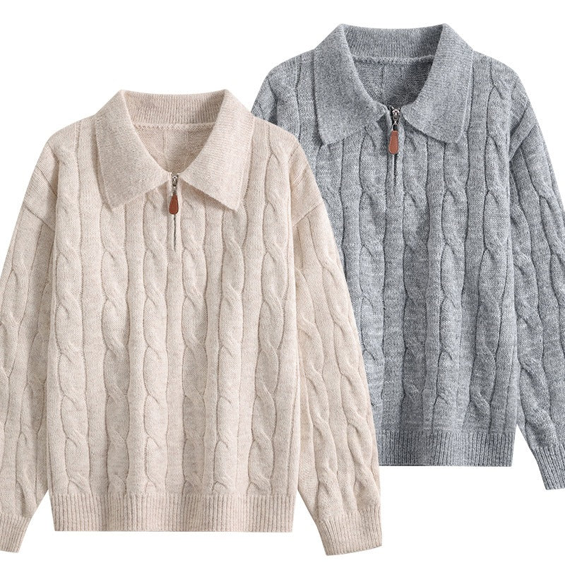 Damen Grobgestrickter Troyer-Pullover mit Halbreißverschluss & Oversize-Kragen Nord Taschen