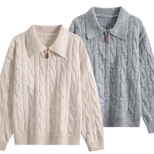 Damen Grobgestrickter Troyer-Pullover mit Halbreißverschluss & Oversize-Kragen Nord Taschen