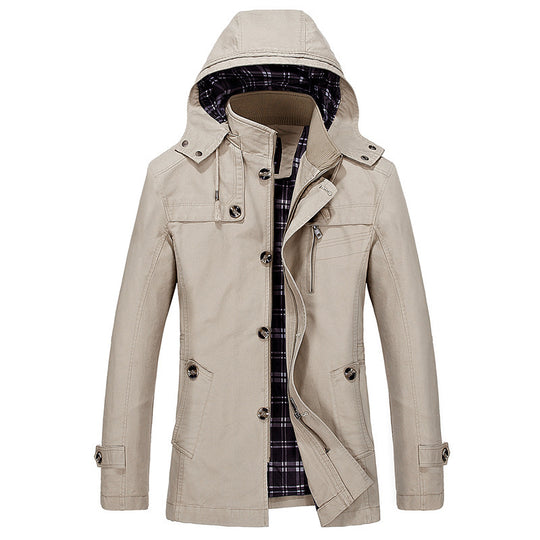 Herren mittellanger Kapuzenparka mit kariertem Innenfutter und verdeckter Zip‑Knopfleiste Nord Taschen