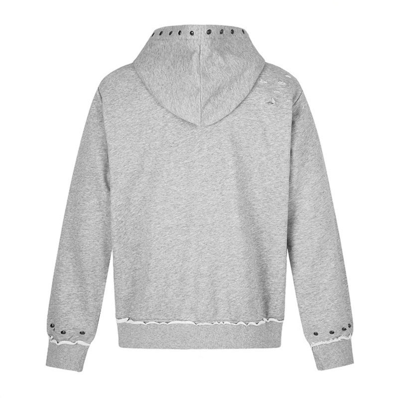 Damen Kapuzen-Sweatjacke mit zweiseitigem Reißverschluss, ausgefranstem Saum, Nietenbesatz und Collage-Print Nord Taschen