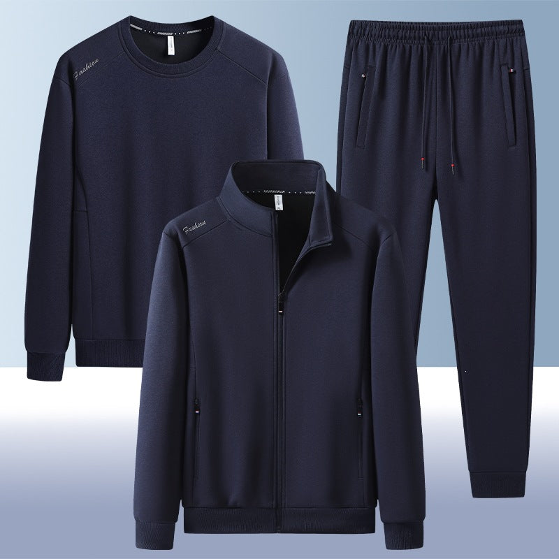 [Herren] Zweiteiliges Trainingsset mit Stehkragen-Zipjacke, Rundhals‑Sweatshirt und konisch geschnittener Jogginghose aus atmungsaktivem Fleece Nord Taschen