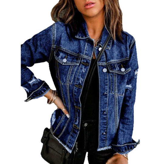 Damen Taillierte Jeansjacke mit Destroyed-Akzenten, aufgesetzten Pattentaschen und sichtbarer Steppnaht Nord Taschen