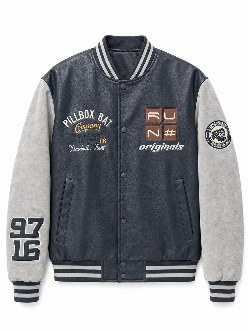 Herren Varsity-Bomberjacke im Retro-College-Stil mit Kunstlederkörper und Kontrastärmeln Nord Taschen