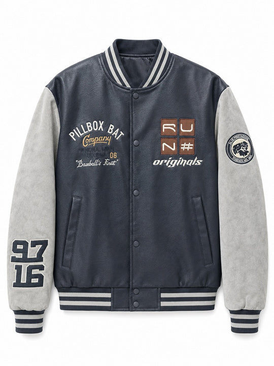 Herren Varsity-Bomberjacke im Retro-College-Stil mit Kunstlederkörper und Kontrastärmeln Nord Taschen