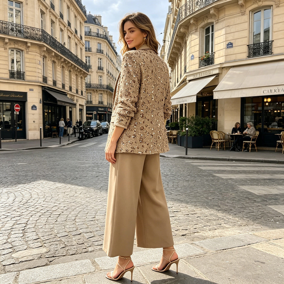 Damen Tweed-Blazer mit Schalkragen, Bindegürtel und weitem Palazzo-Hosen-Set Nord Taschen