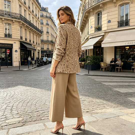 Damen Tweed-Blazer mit Schalkragen, Bindegürtel und weitem Palazzo-Hosen-Set Nord Taschen