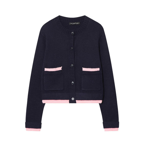 Damen Kurzer Boxy-Strickcardigan mit aufgesetzten Taschen und kontrastierenden Bündchen Nord Taschen