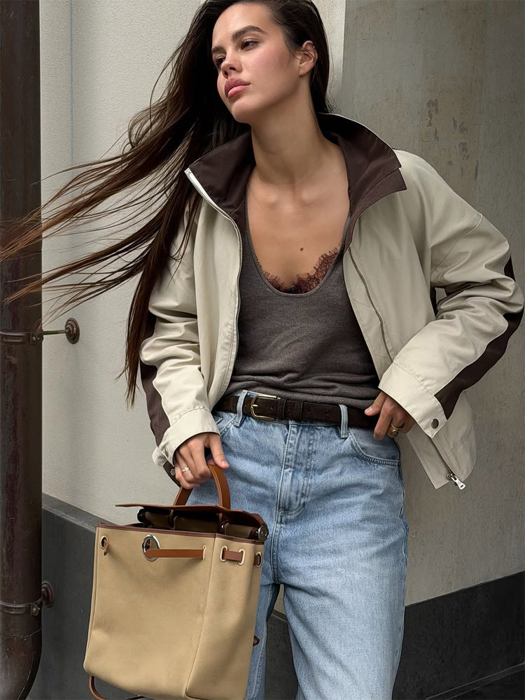 Damen Leichte Bomberjacke im Colorblock‑Stil mit hohem Stehkragen Nord Taschen