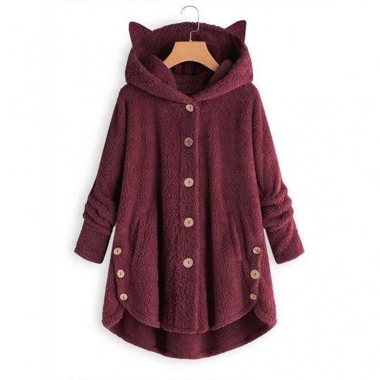 Damen Kapuzen-Teddy-Mantel mit Katzenohren, Knopfleiste und asymmetrischem Saum Nord Taschen