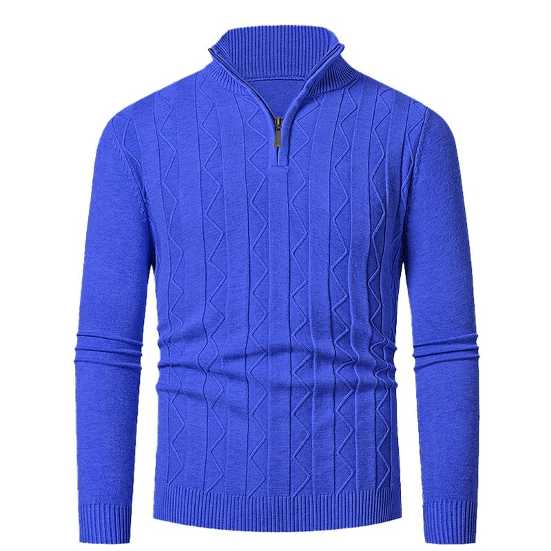 Herren Feinstrick-Halbzip-Pullover mit Zopfmuster und Stehkragen Nord Taschen