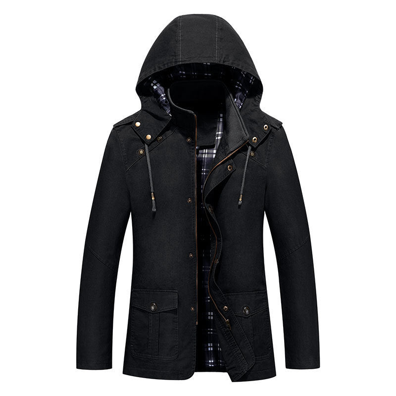 Herren leichter Kapuzen-Parka aus Canvas mit kariertem Innenfutter und Multifunktions‑Taschen Nord Taschen