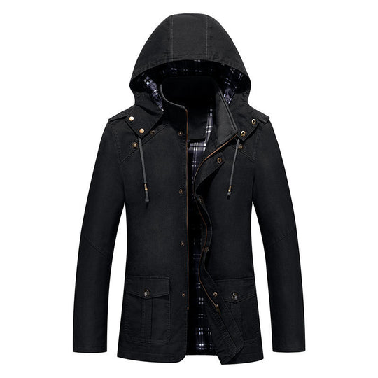 Herren leichter Kapuzen-Parka aus Canvas mit kariertem Innenfutter und Multifunktions‑Taschen Nord Taschen