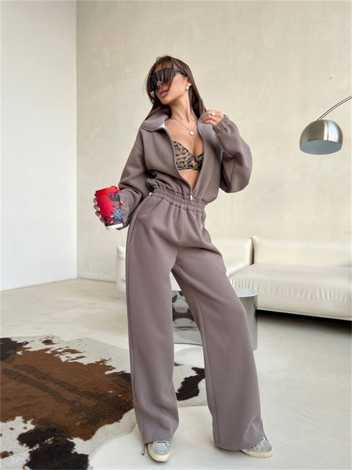 Damen Relaxed-Loungewear-Set mit Halbzip-Stehkragen und hochtaillierter Weitbein-Jogginghose Nord Taschen
