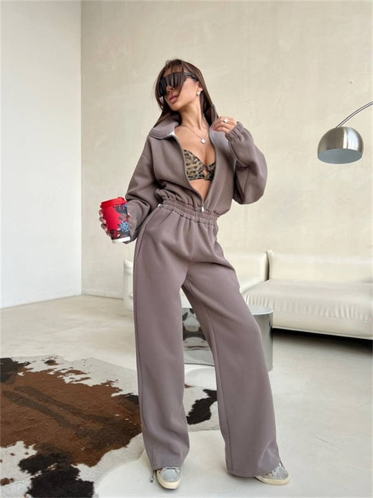 Damen Relaxed-Loungewear-Set mit Halbzip-Stehkragen und hochtaillierter Weitbein-Jogginghose Nord Taschen