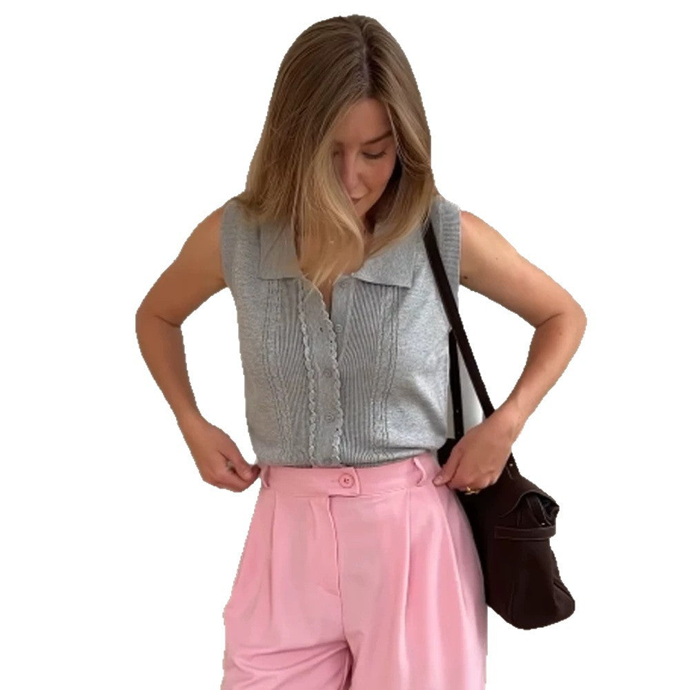 Damen Ärmelloses Stricktop mit Hemdkragen, Zierknopfleiste und feiner Strukturierung Nord Taschen