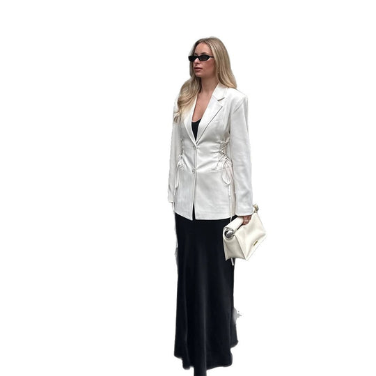 Damen taillierter Blazer mit tiefem V‑Ausschnitt, Zipperfront und Kordelzug-Detail Nord Taschen