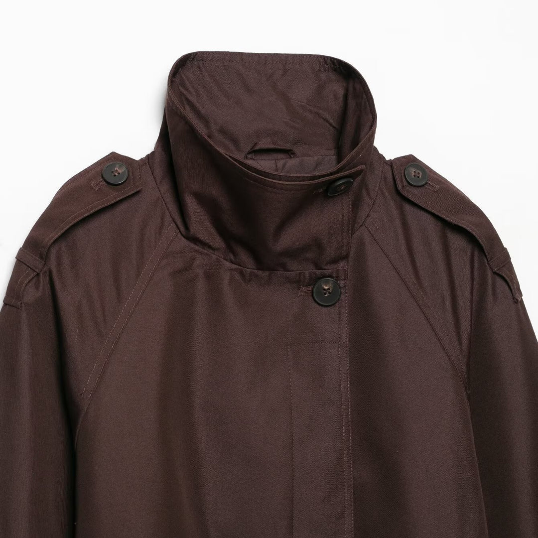 Damen Kurze Taillierte Regenjacke im Trenchstil mit Stehkragen und Bindegürtel Nord Taschen