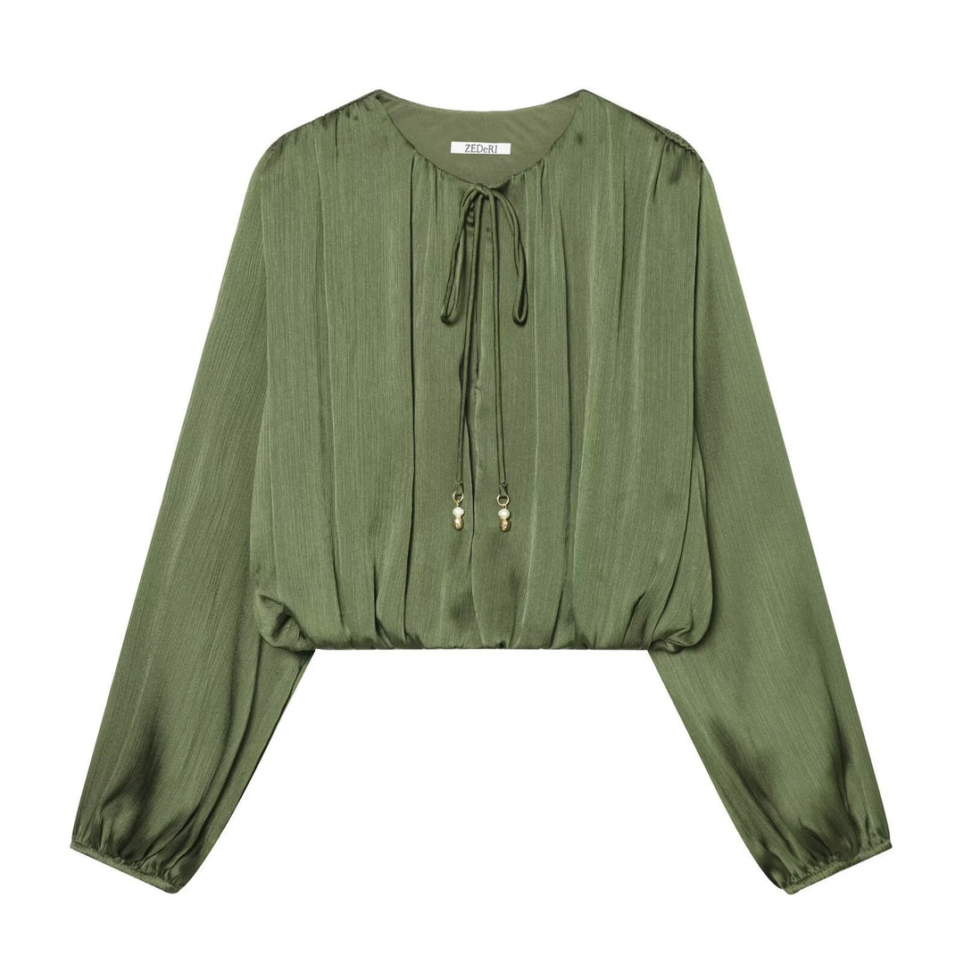 Damen Cropped Plissee-Bluse mit Kordelverschluss und Ballonärmeln Nord Taschen