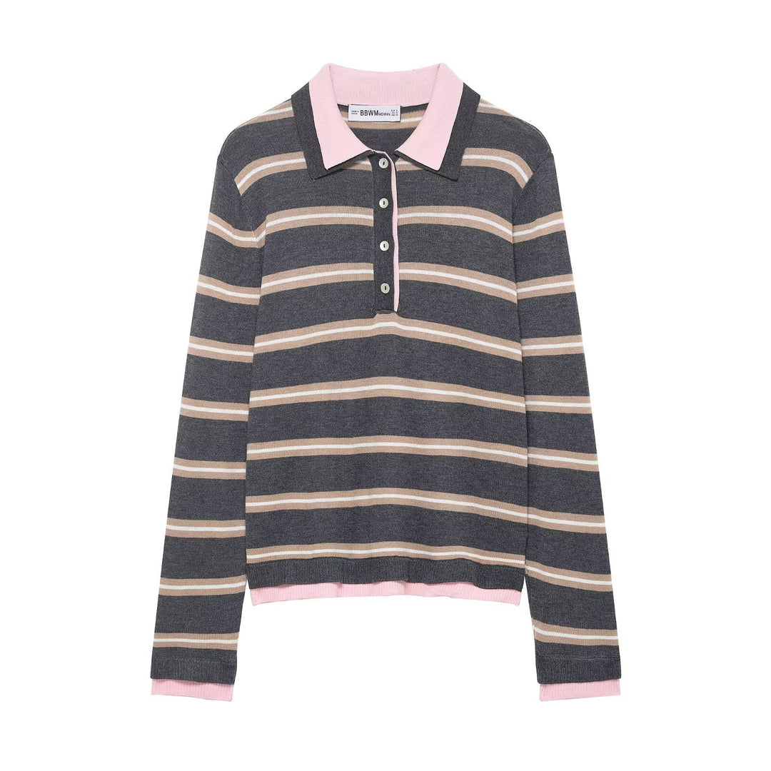 Damen Feinstrick-Rugby-Pullover mit kontrastierendem Kragen und Knopfleiste Nord Taschen
