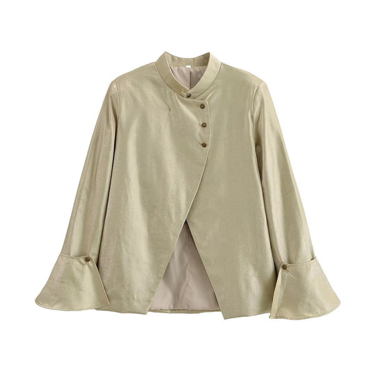 Damen Glänzende A-Linien-Jacke mit asymmetrischer Knopfleiste und Glockenärmeln Nord Taschen