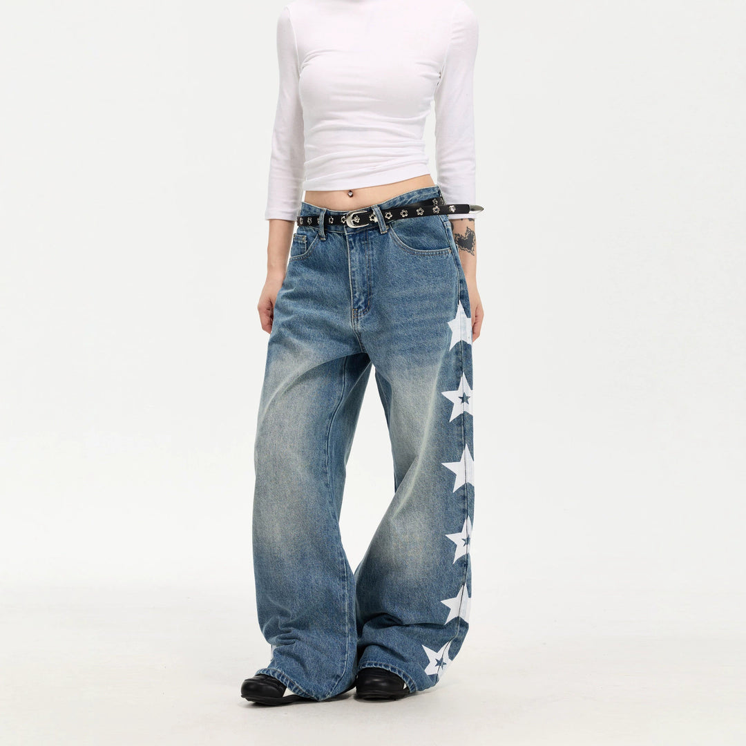 Damen Modische Weitgeschnittene Jeans mit Sternen-Design Nord Taschen