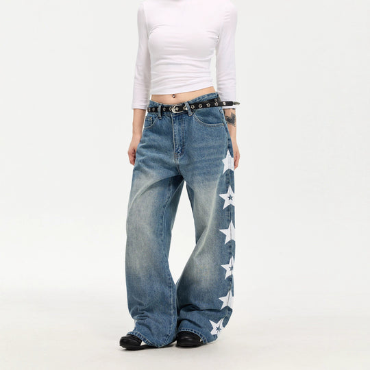 Damen Modische Weitgeschnittene Jeans mit Sternen-Design Nord Taschen