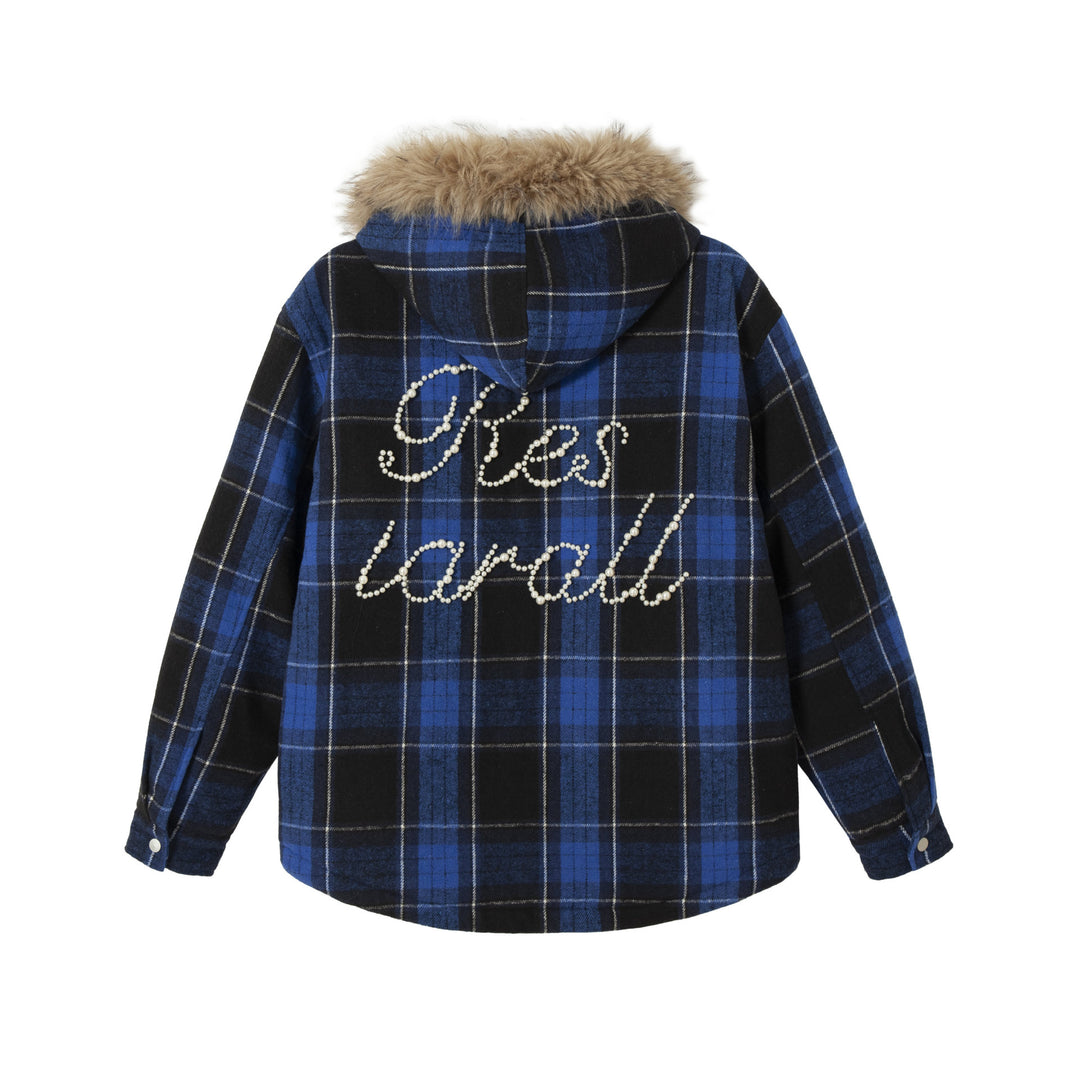 Damen karierter Wollmix-Blouson mit abnehmbarem Kunstfellkragen und Perlenapplikation Nord Taschen