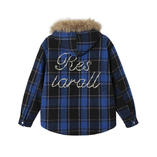 Damen karierter Wollmix-Blouson mit abnehmbarem Kunstfellkragen und Perlenapplikation Nord Taschen