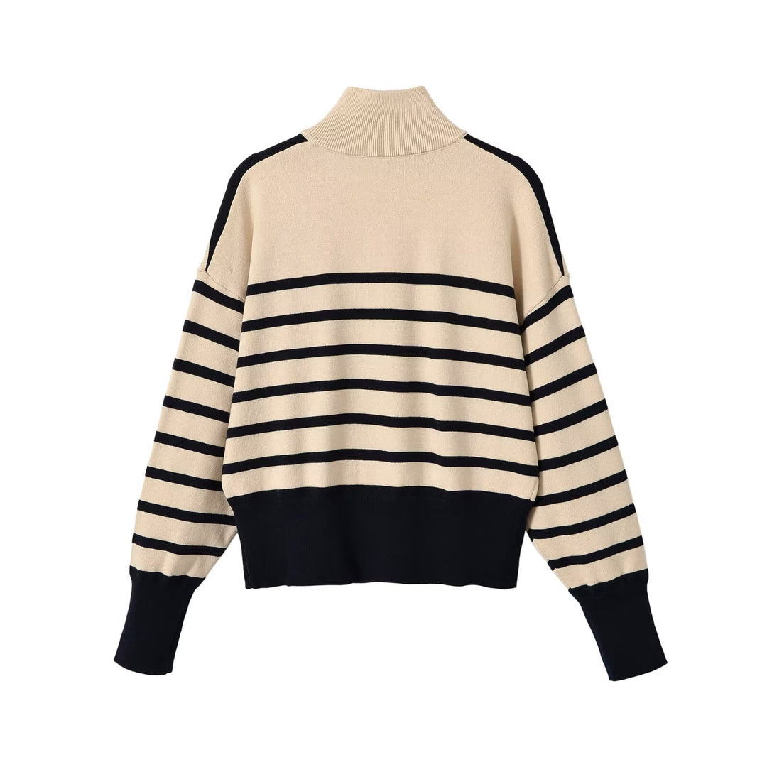 Damen Gestreifter Grobstrickpullover mit halbem Reißverschluss Nord Taschen