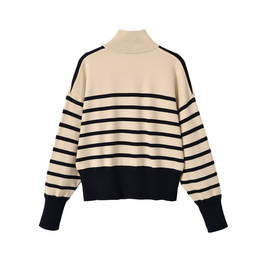 Damen Gestreifter Grobstrickpullover mit halbem Reißverschluss Nord Taschen