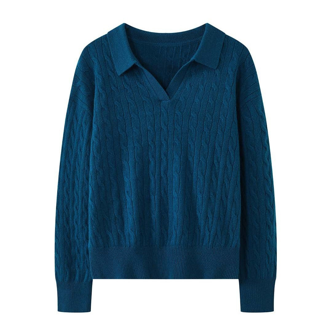 Damen Strickpullover mit Polokragen, V-Ausschnitt und Zopfmuster Nord Taschen