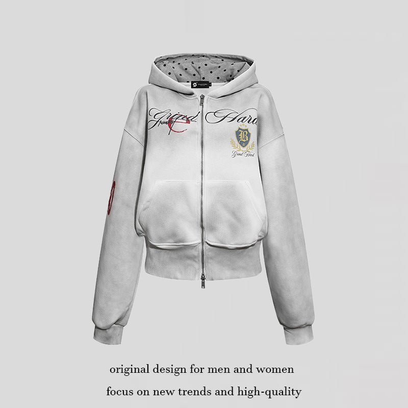 Damen Kurz geschnittene Zip-Hoodie aus French Terry mit gepunkteter Kapuzenfütterung und Wappen-Stick Nord Taschen