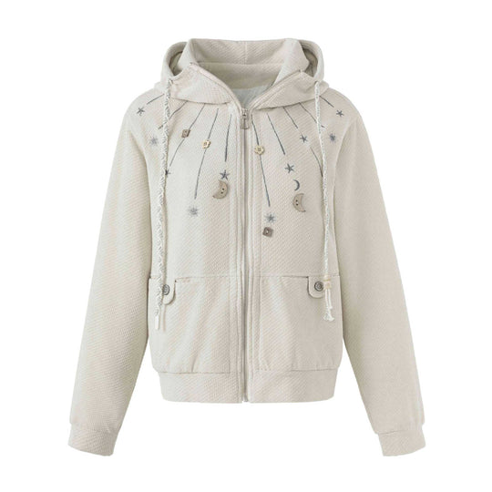 Damen Kurz geschnittene Kapuzenjacke aus Strukturstrick mit Stern- und Mondapplikation Nord Taschen