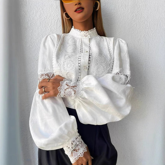 Damen Elegante Spitzenbluse im Vintage-Stil mit Stehkragen und Ballonärmeln Nord Taschen