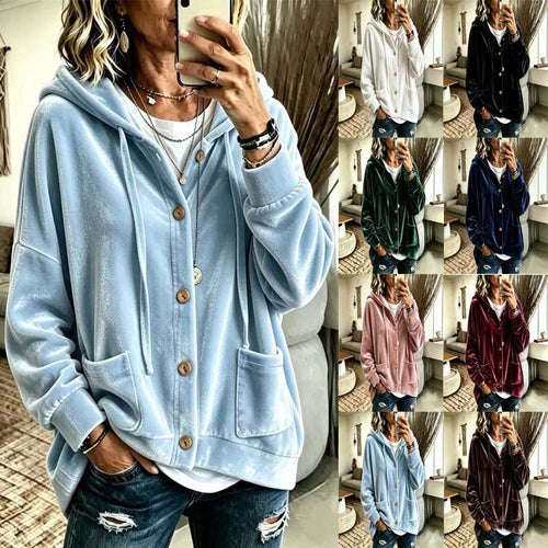 Damen Oversize Kapuzen-Samtjacke mit Knopfleiste und aufgesetzten Taschen Nord Taschen