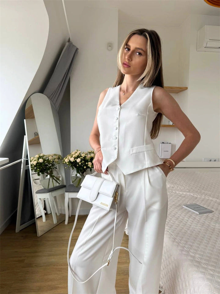 Damen elegantes 3-teiliges Anzug-Set mit ärmelloser Weste und weiten Hosen Nord Taschen