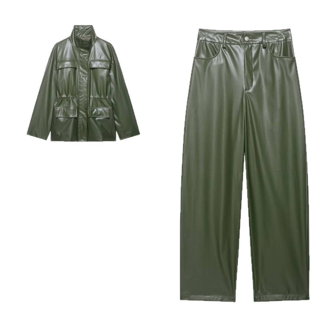 Damen Zweiteiliges PU-Leder-Ensemble mit Fieldjacke, Kordelzugtaillierung und High‑Waist Wide‑Leg Hose Nord Taschen