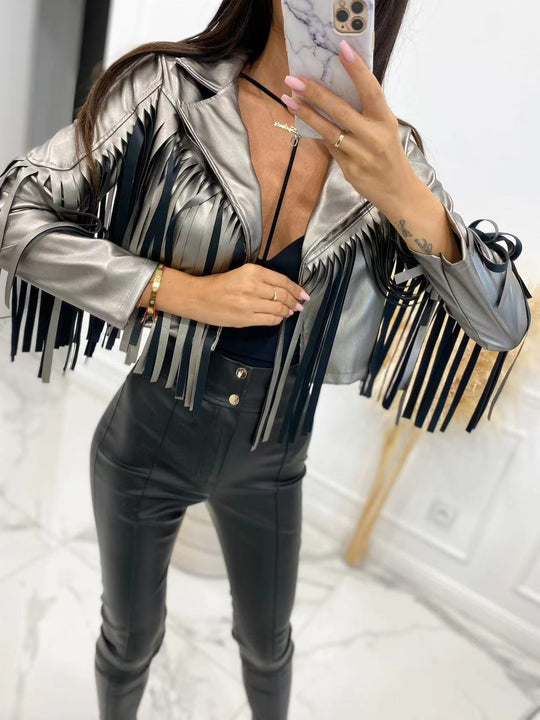 Damen Kurzjacke im Bikerstil mit Metallic‑Optik und langen Lederfransen Nord Taschen