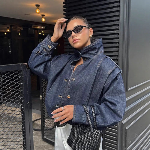 Damen Oversize Jeansblouson mit hohem Stehkragen, Druckknopfleiste und Schulter-Detail Nord Taschen
