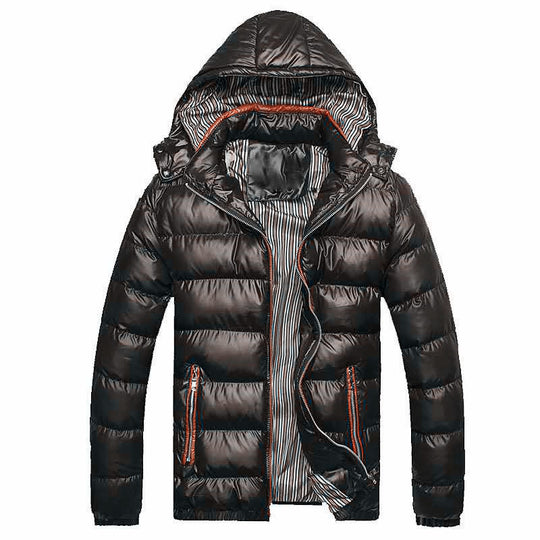 Herren Glänzende gesteppte Kapuzenjacke mit Thermo-Polsterung und gestreiftem Innenfutter Nord Taschen