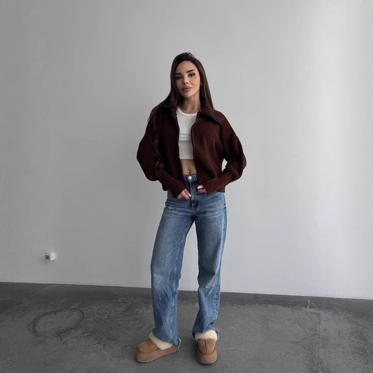 Damen Grobstrick-Zipper-Cardigan mit Ballonärmeln und Stehkragen Nord Taschen