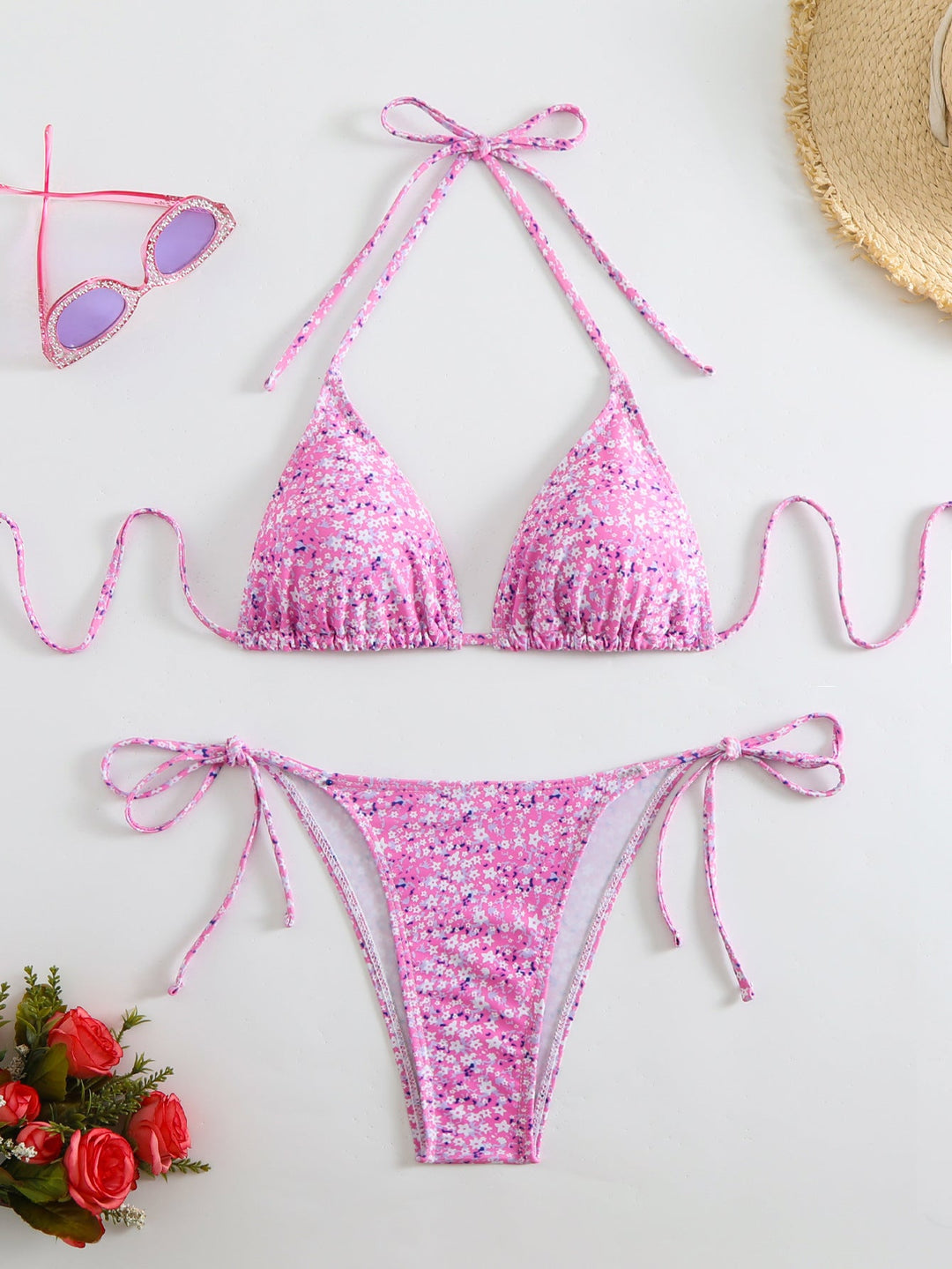 Damen Triangel-Bikini mit liNord Taschenevollem Blumenmuster und verstellbaren Trägern