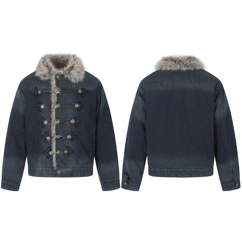 Herren Jeansjacke im Military‑Inspirierten Ornamentstil mit Kunstfellbesatz Nord Taschen
