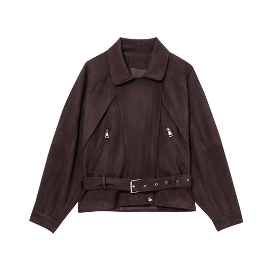 Damen Kurzjacke aus Veloursimitat mit Taillengürtel, kastigem Schnitt und Reißverschlusstaschen Nord Taschen